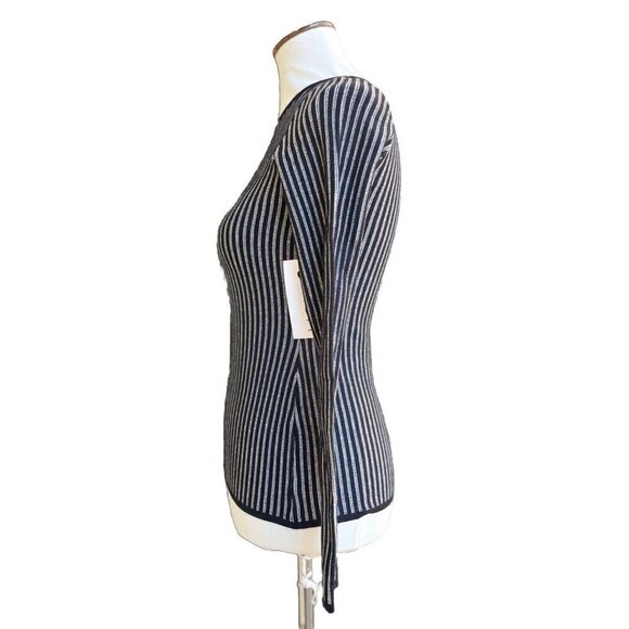 RVN Womens Black Striped Ribbed Long Sleeve Stretch Knit Striped Top  Dash - Picture 11 of 13